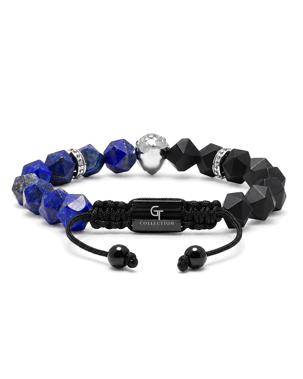 Lapis lazuli and onyx beaded bracelet with silver lion charm and macrame cord