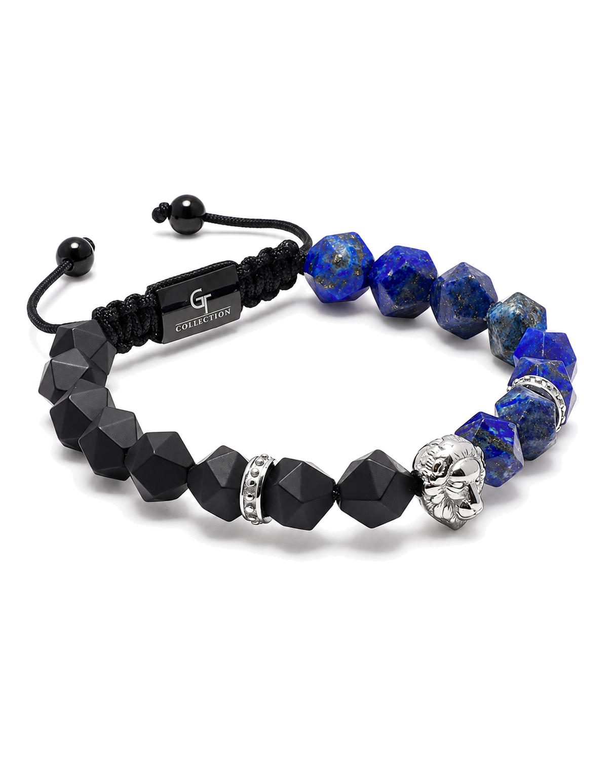 Lapis lazuli and black onyx bead bracelet with silver lion charm at one side
