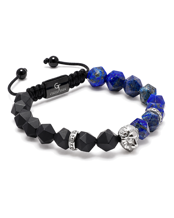Lapis lazuli and black onyx bead bracelet with silver lion charm at one side