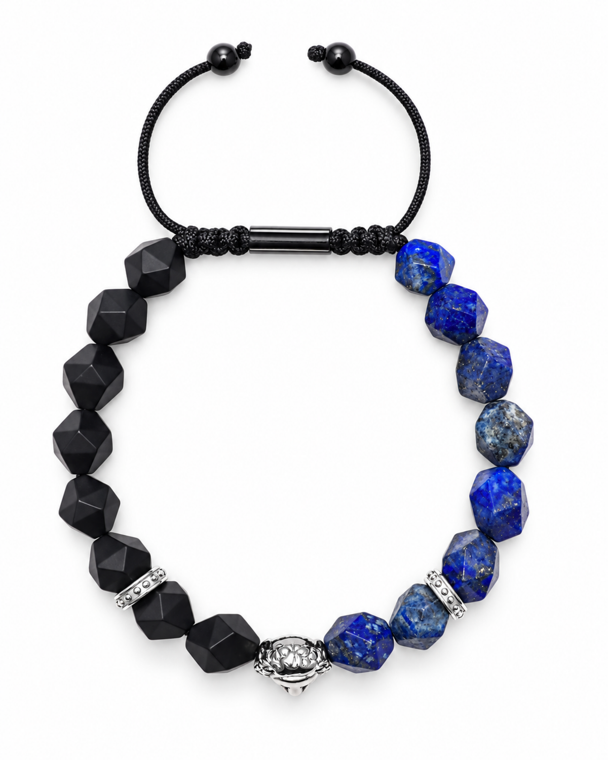 Lapis lazuli and black onyx bead bracelet with silver lion face charm