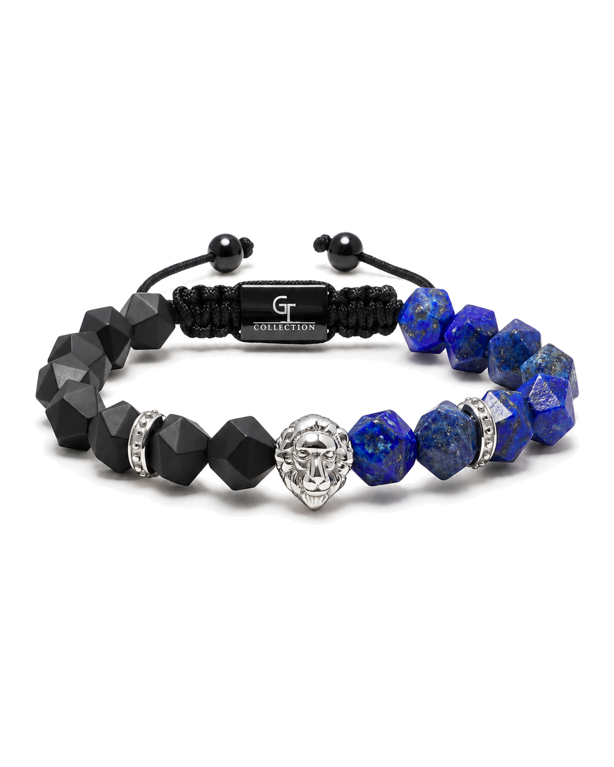 Lapis lazuli and black onyx beaded bracelet with silver lion face centerpiece