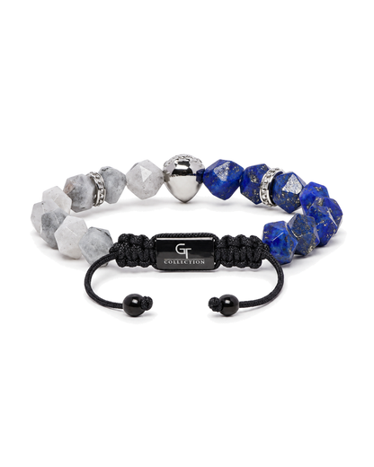 Lion bracelet with blue lapis lazuli and gray labradorite beads on black cord