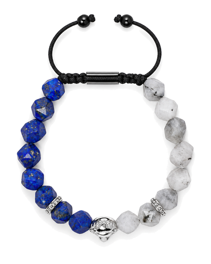 Lion bracelet front view: blue lapis lazuli beads, gray labradorite beads, black cord