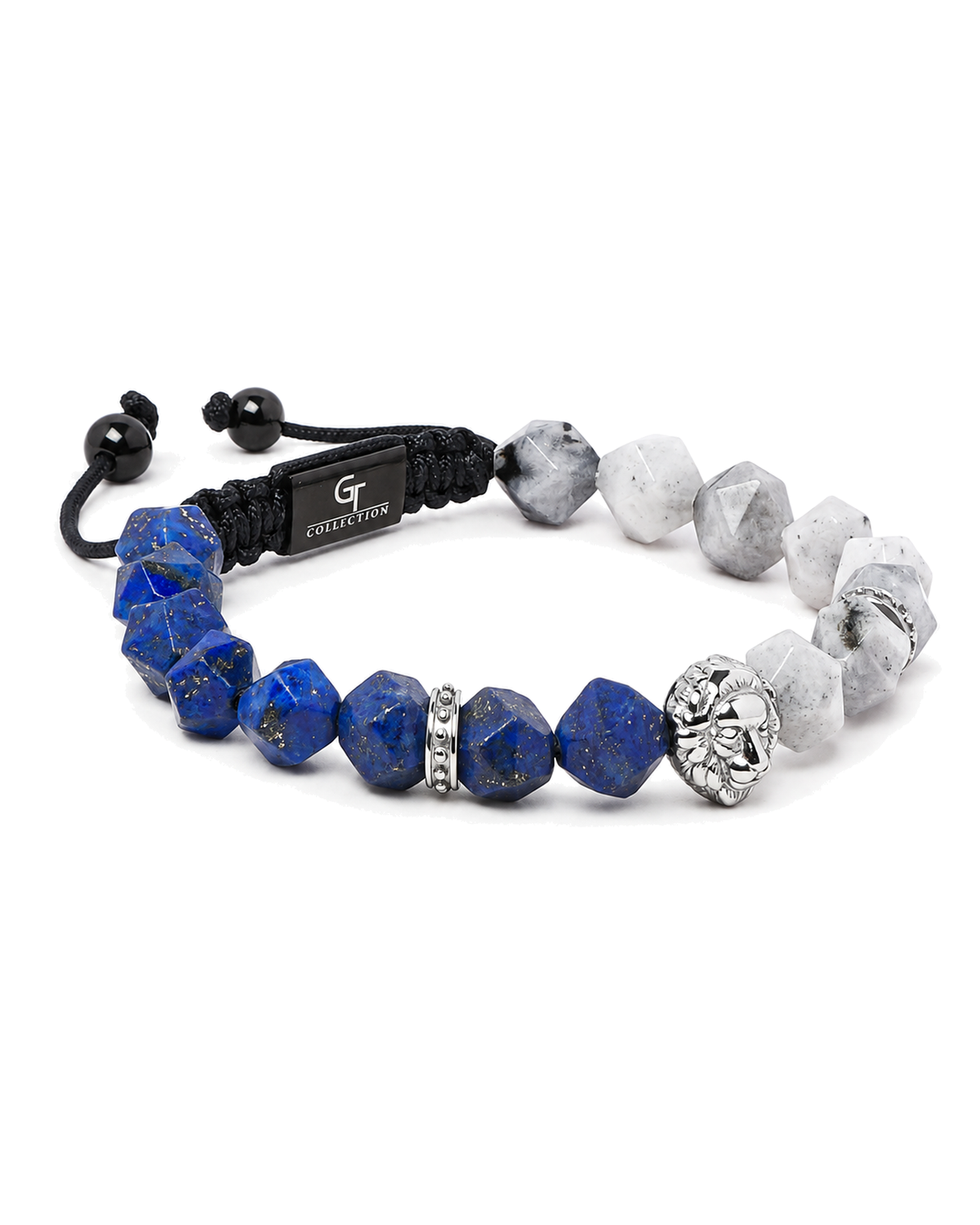 Lion bracelet laid flat: blue lapis lazuli and gray labradorite beads on black cord