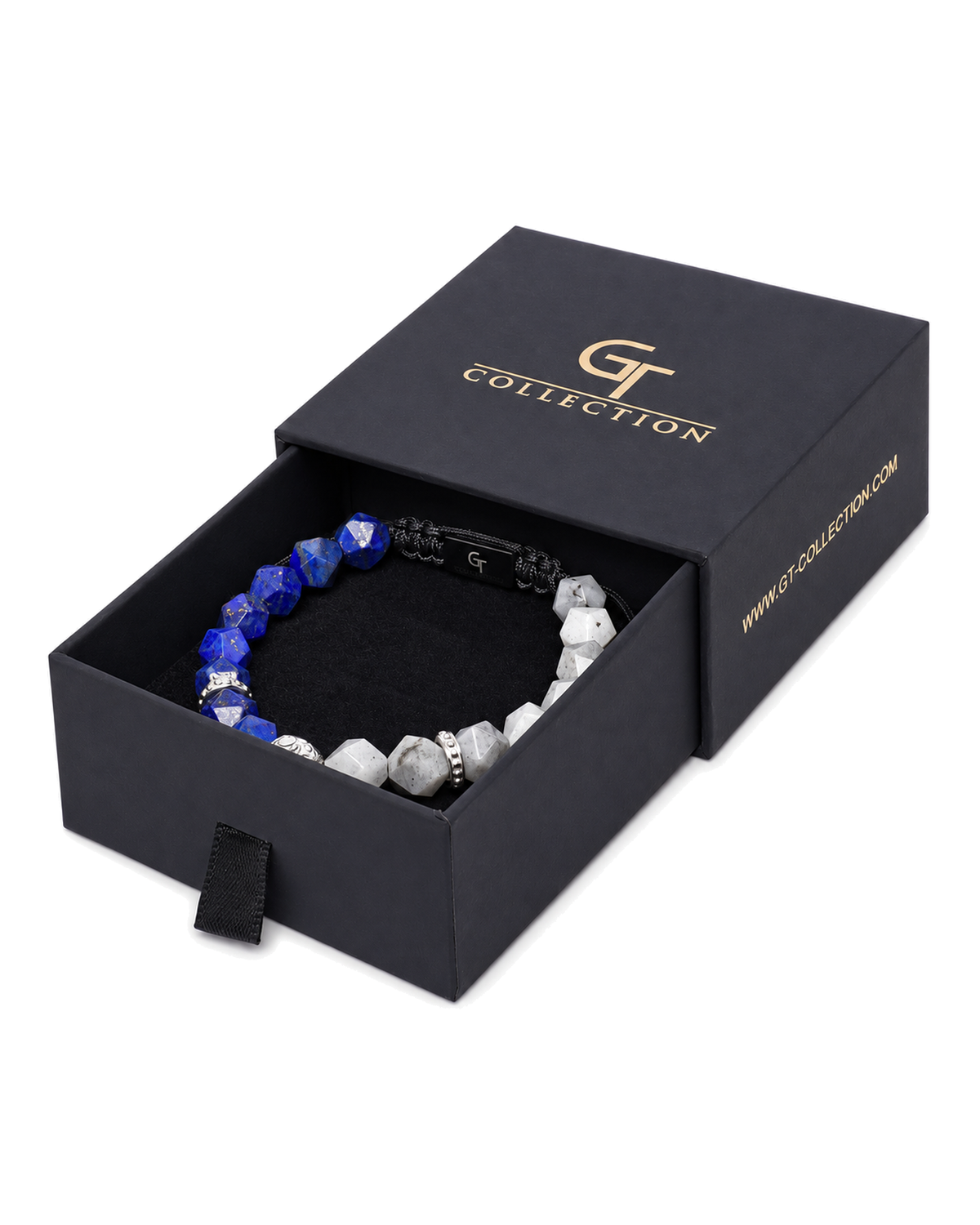 Lion bracelet in gift box: blue lapis lazuli and gray labradorite beads on black cord