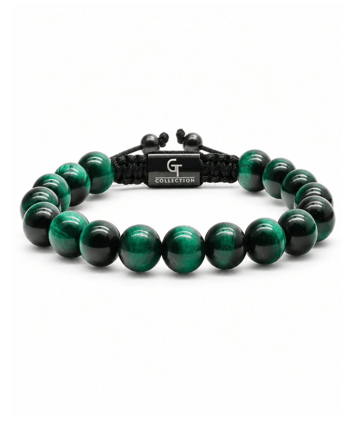 Green stone bead bracelet with black cord and dark metal clasp Imagen principal del producto