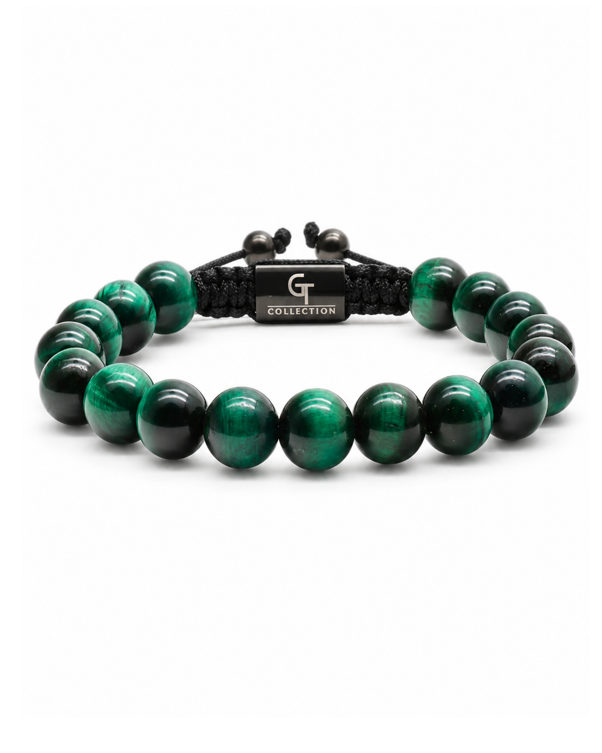 Green stone bead bracelet with black cord and dark metal clasp