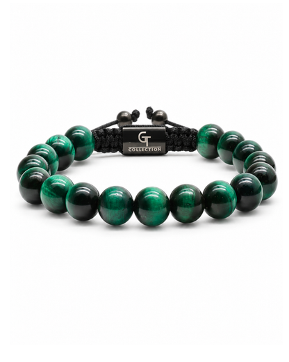 Green stone bead bracelet with black cord and dark metal clasp