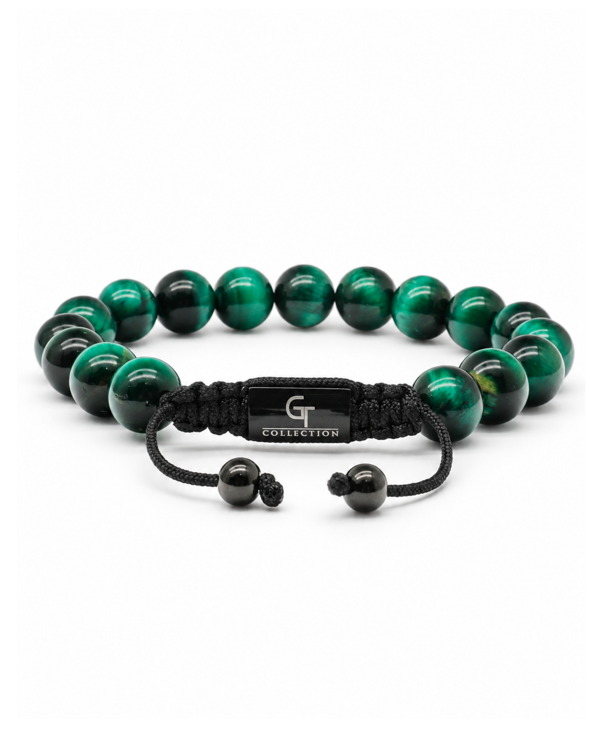 Green bead bracelet with black cord strap and G collection center bar