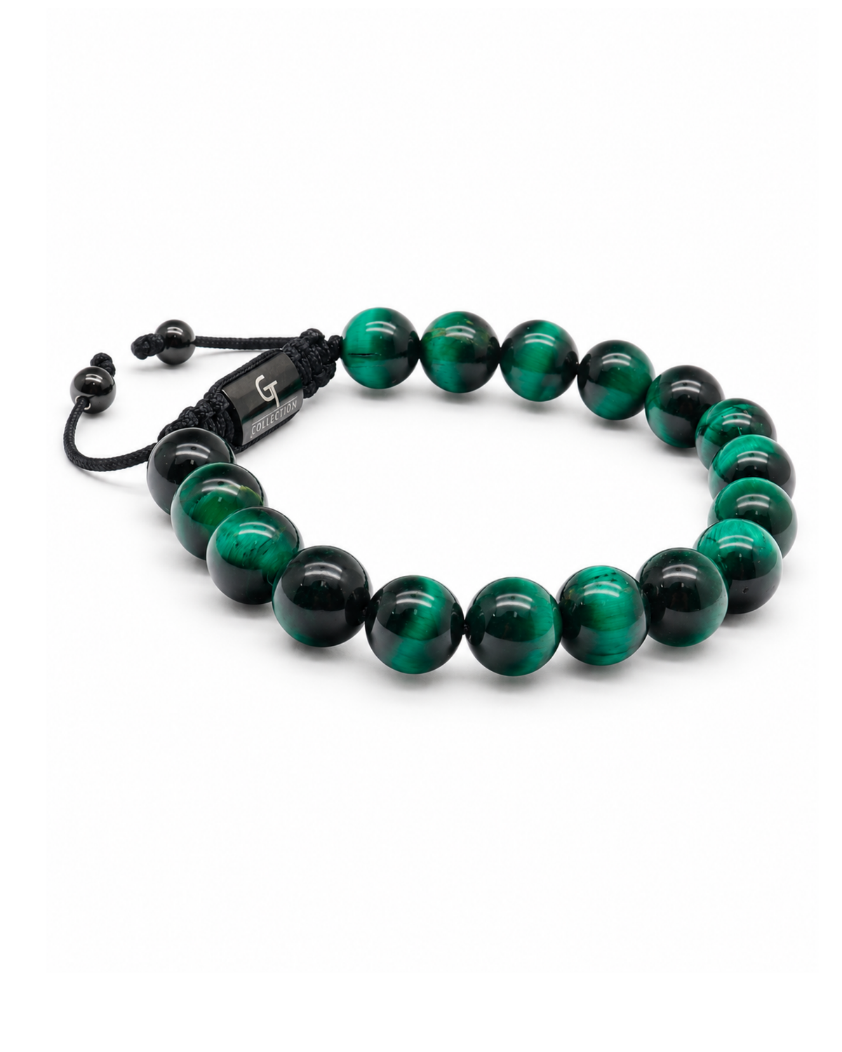 Green bead single-row bracelet with black cord tie and bar clasp