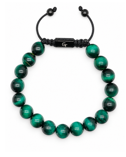 Green bead bracelet with black cord and rectangular sliding clasp