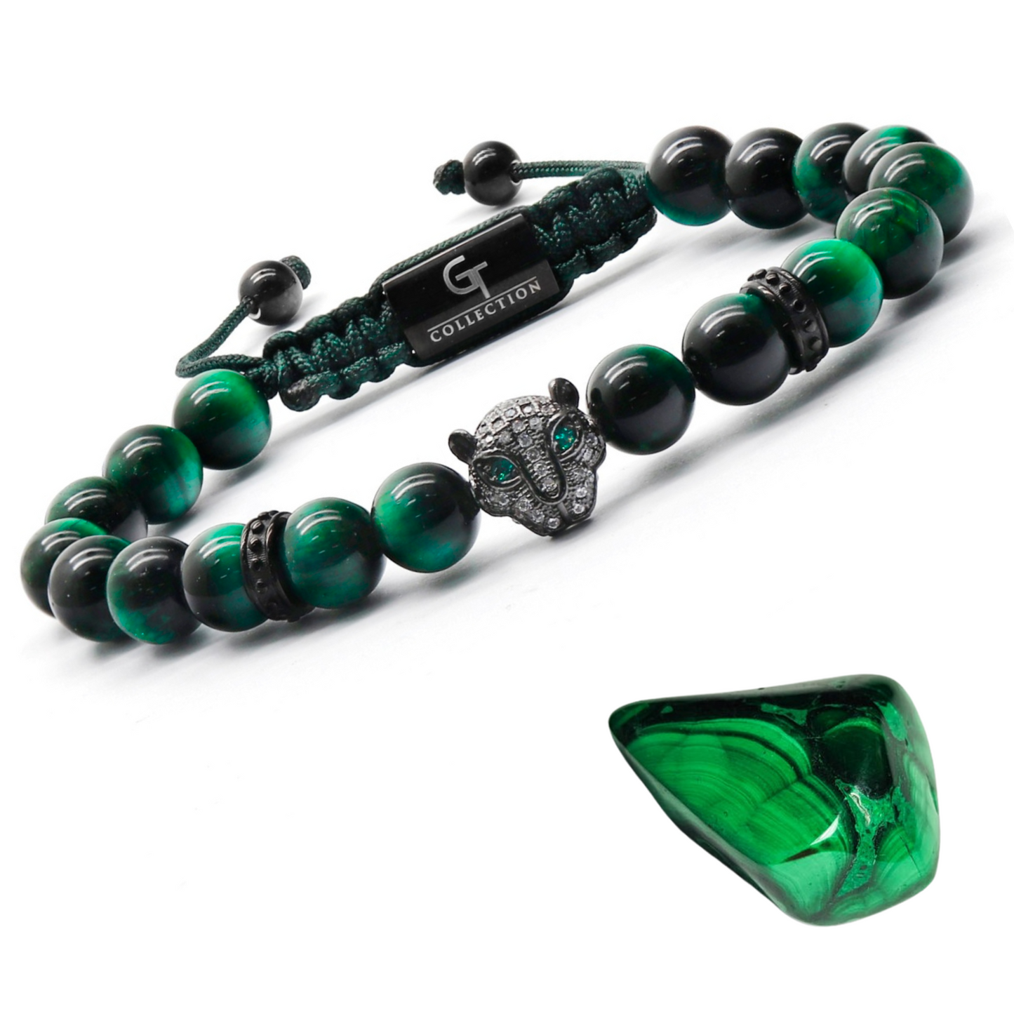 Men's GREEN TIGER EYE Bracelet With Black LEOPARD Head