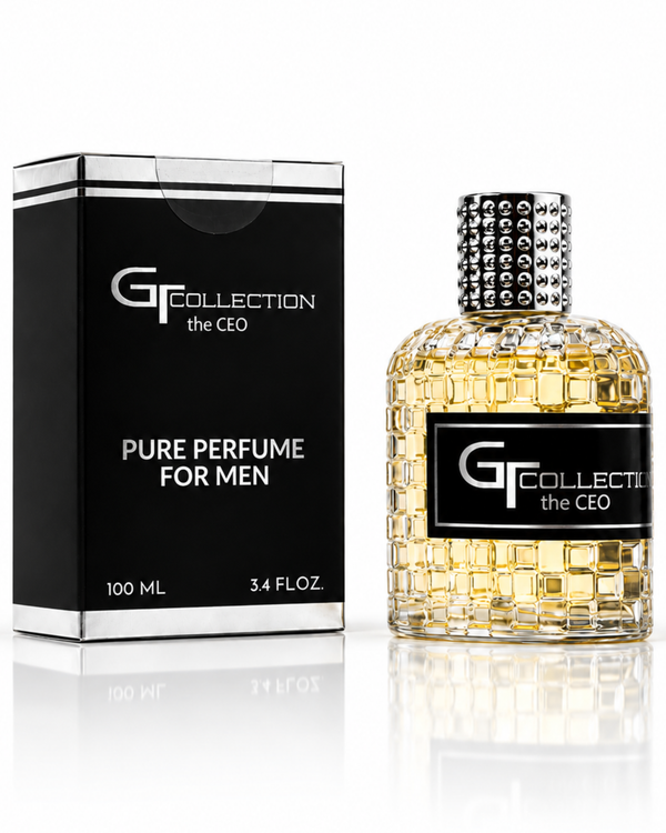 Men's eau de parfum set with black box and gold glass bottle labeled G Collection