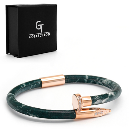 Bracelet Clou Or Rose avec Diamant Zircon - Cuir Vert