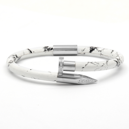 Bracelet Clou Argenté avec Diamant Zircon - Cuir Blanc
