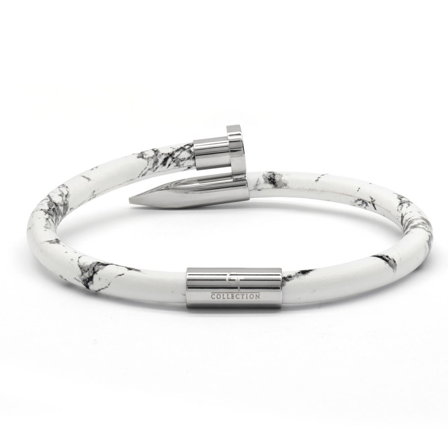Bracelet Clou Argenté avec Diamant Zircon - Cuir Blanc