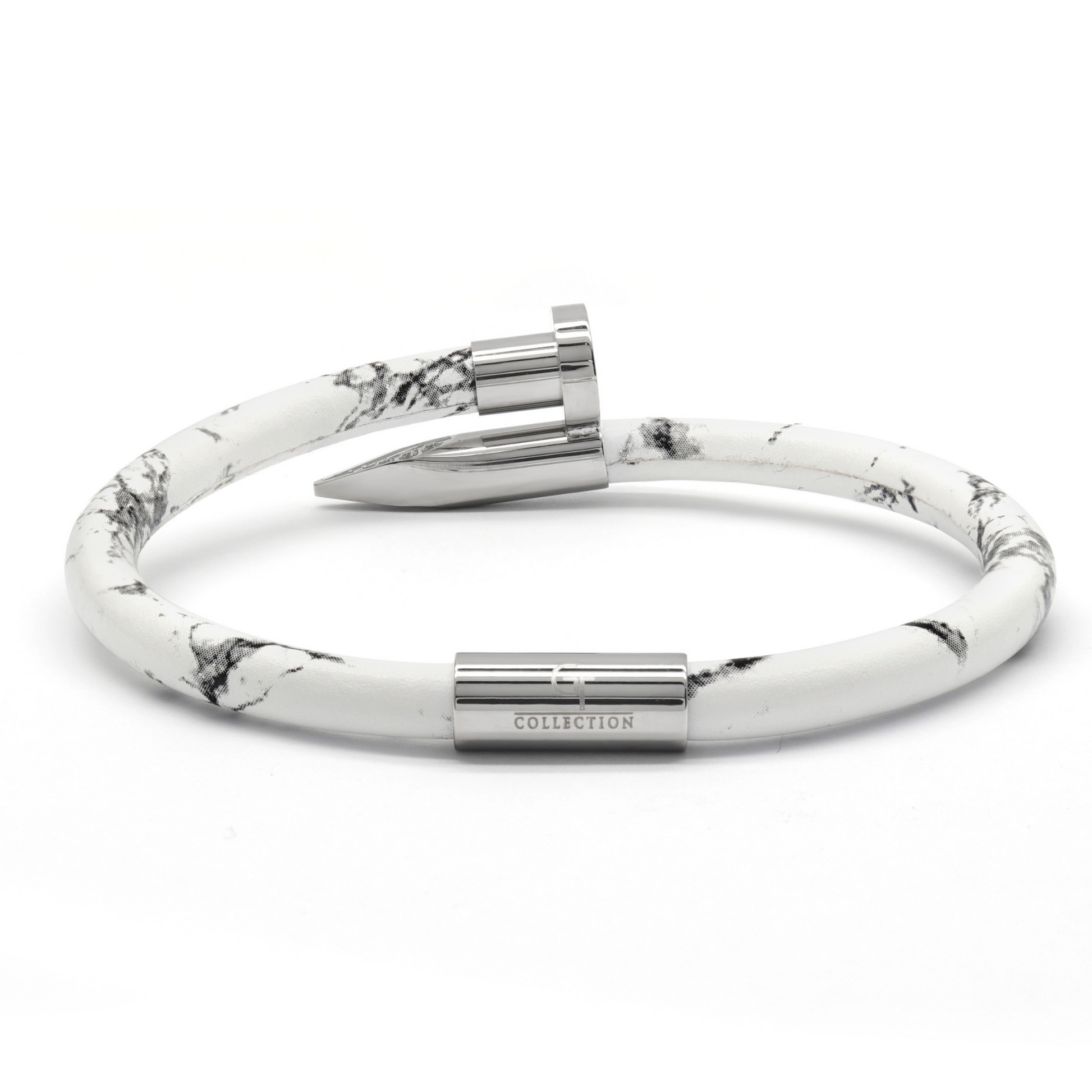 Men's Bracelet Silver Nail with Zircon Diamond - White Leather