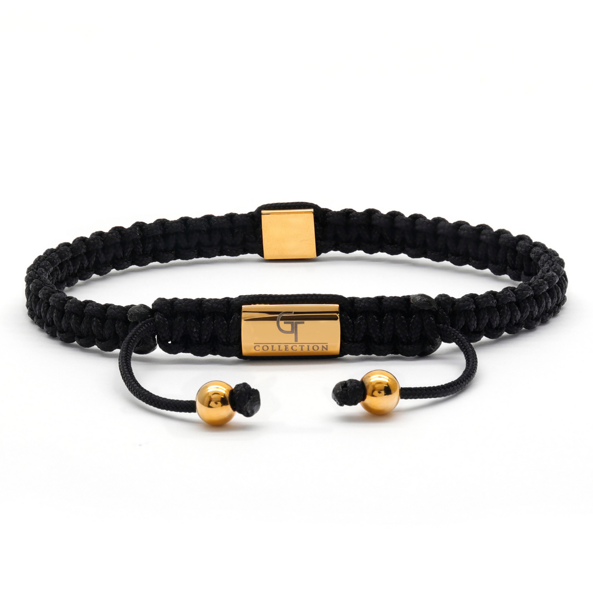 Black cord bracelet with gold rectangle tags and bead adjusters
