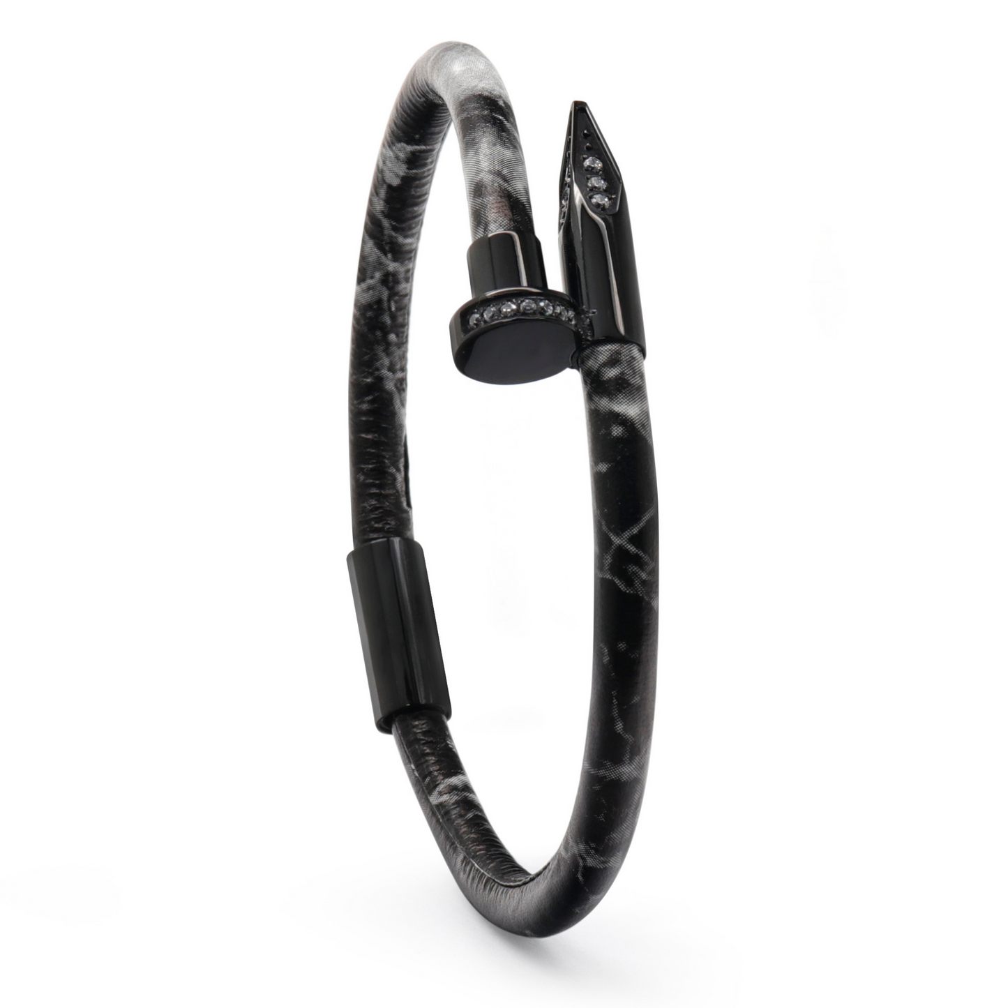 Bracelet Clou Noir avec Diamant Zircon - Cuir Noir