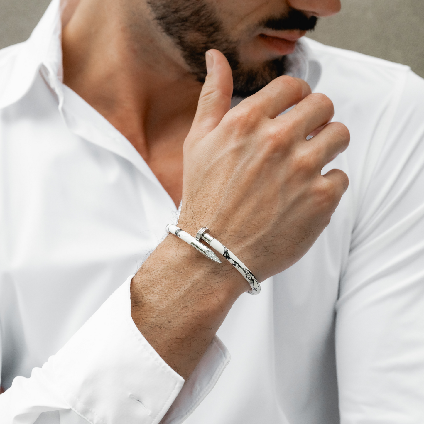 Bracelet Silver Nail with Zircon Diamond - White Leather