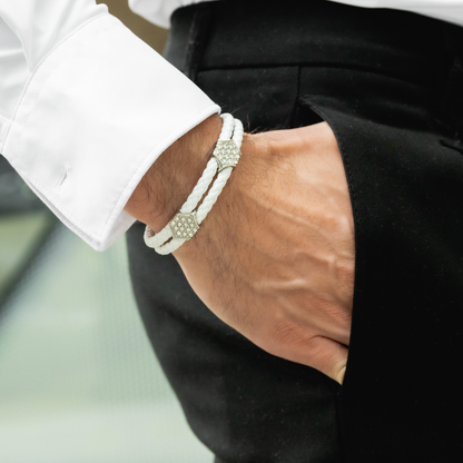 White Leather Bracelet with Zircon Diamond