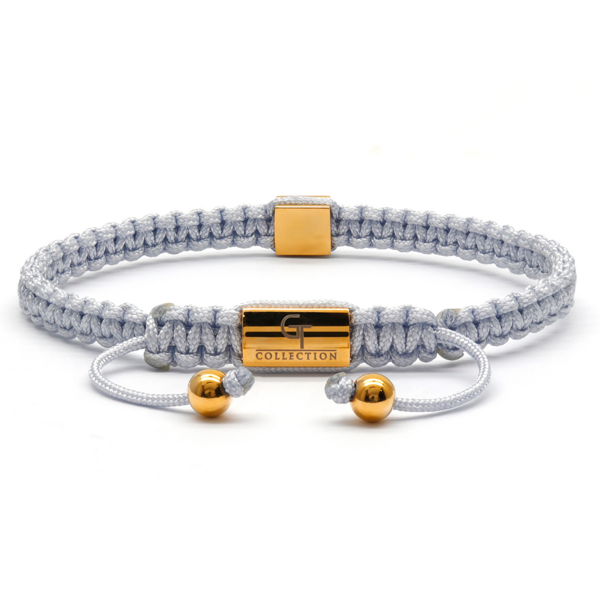 Men's pyramid bracelet with light gray cord, gold centerpiece, and gold bead accents