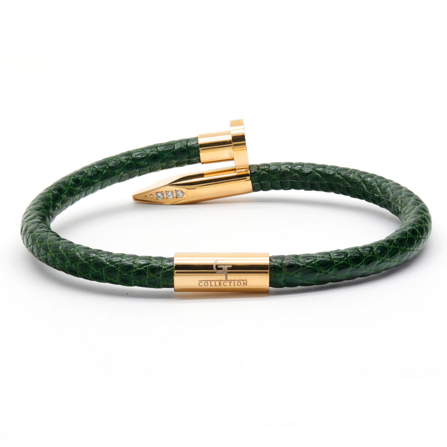 Armband - Grünes Leder mit goldenem Nagel und Zirkondiamant
