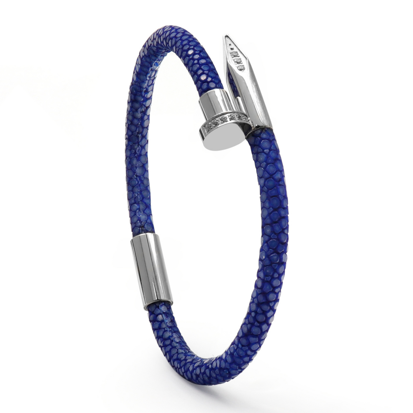 Armband – blaues Leder mit silbernem Nagel und Zirkondiamant