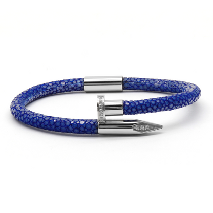 Men's Bracelet - Blue Leather with Silver Nail and Zircon Diamond