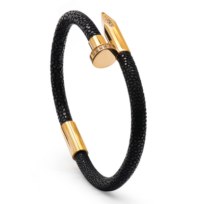 Bracelet - Black Leather with Golden Nail and Zircon Diamond