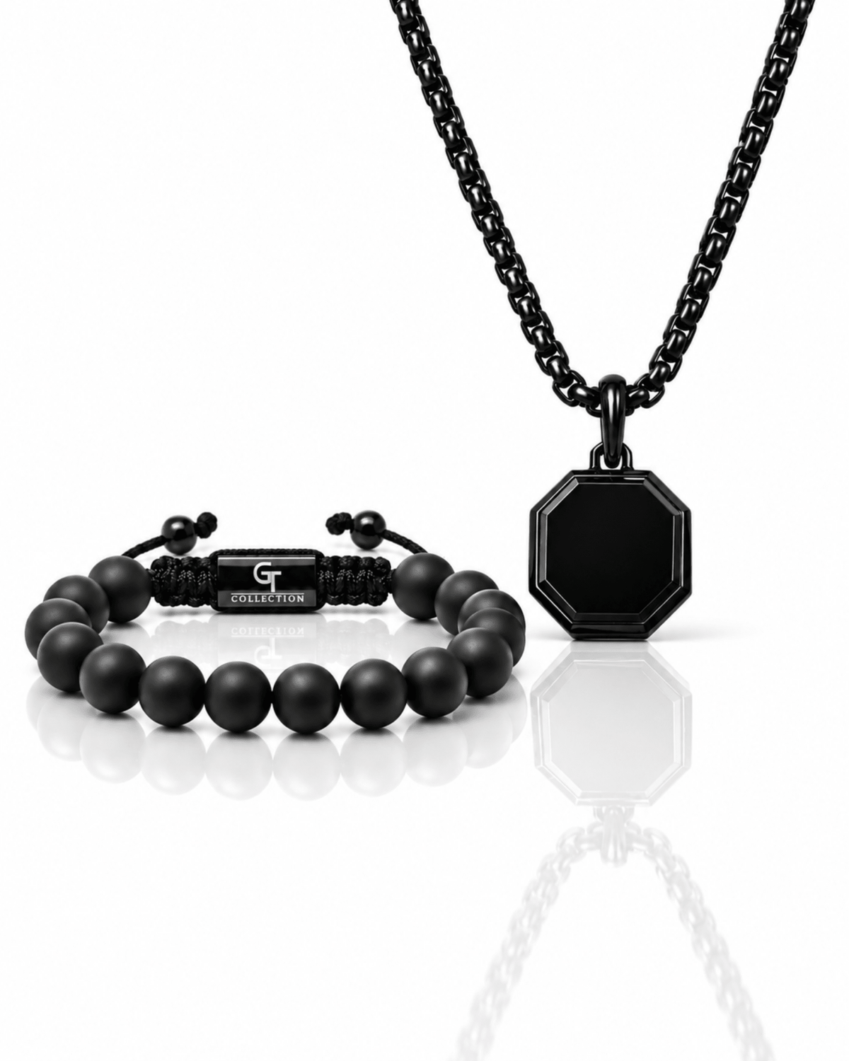 Black onyx beaded bracelet and hexagonal pendant necklace set with chain Imagen principal del producto