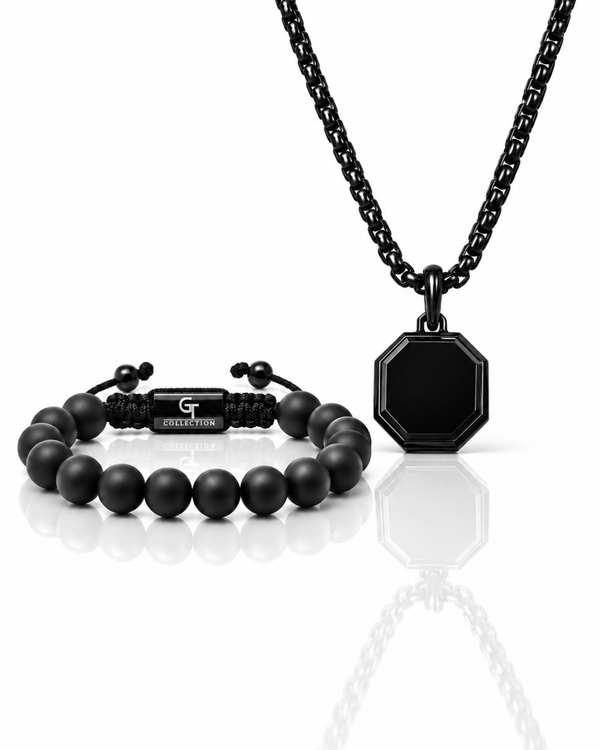 Black onyx beaded bracelet and hexagonal pendant necklace set with chain