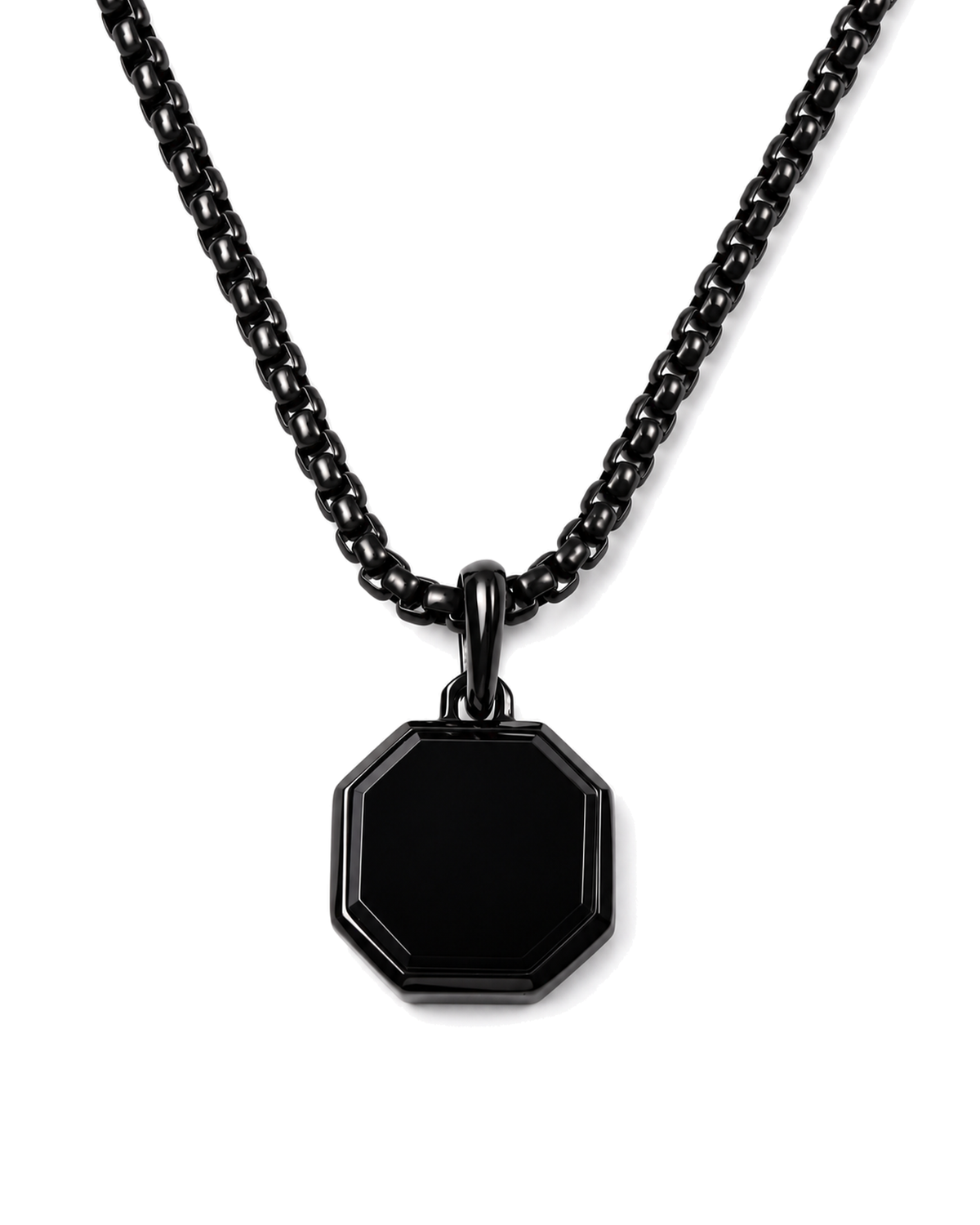 Black octagonal pendant necklace with curb chain on white background Main image
