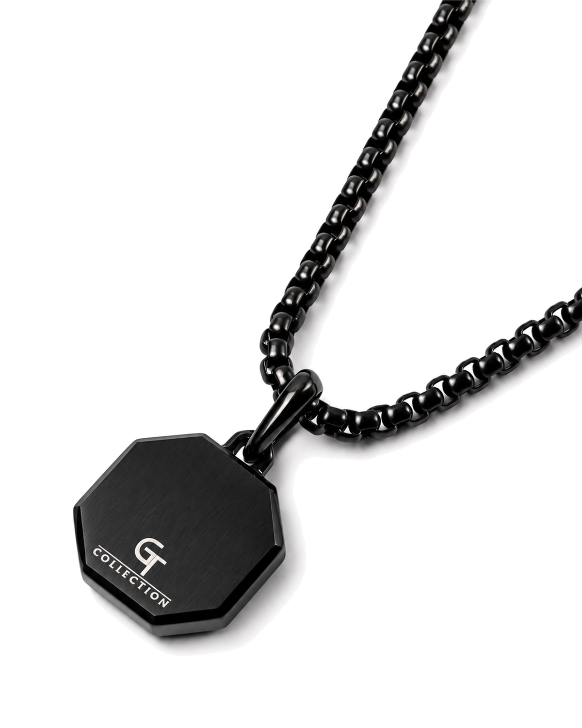 Black octagonal pendant with logo detail on curb chain