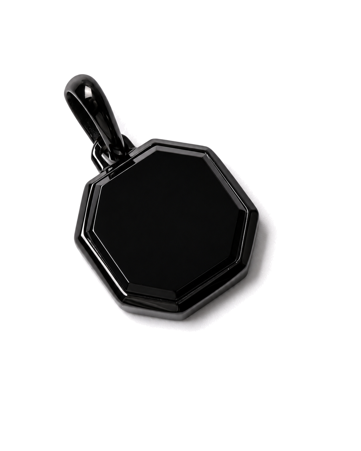 Black octagonal pendant with top loop on metal bail