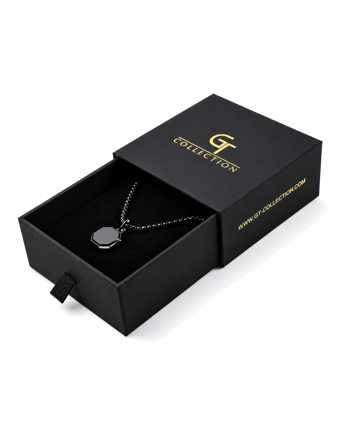 Black octagonal pendant necklace on chain, shown in gift box