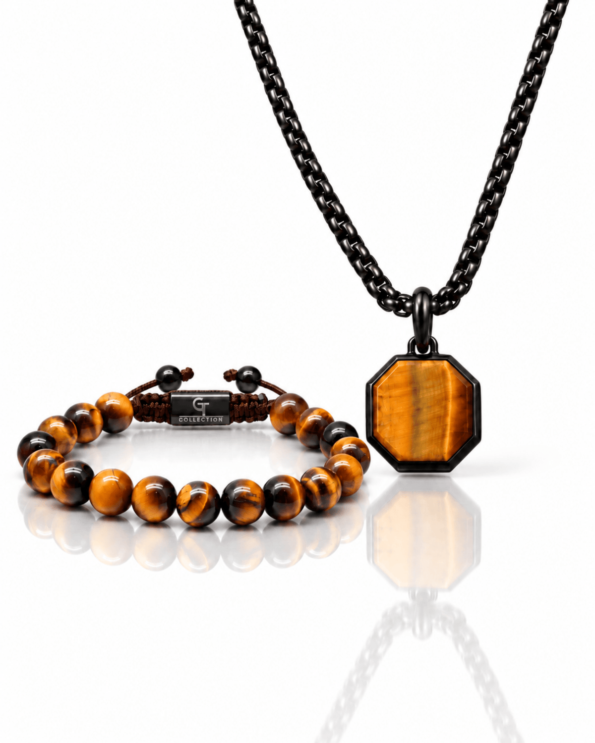 Tiger eye bracelet and hex pendant necklace set with black chain and beads Imagen principal del producto