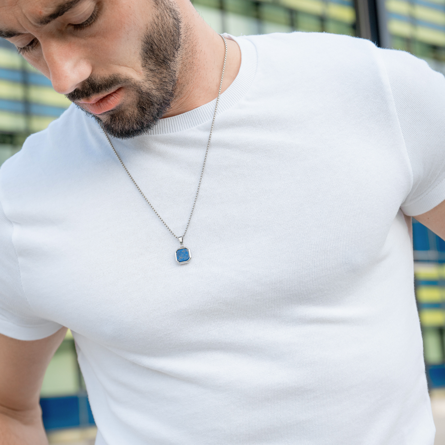 Silver Necklace with Square Lapis Lazuli Pendant