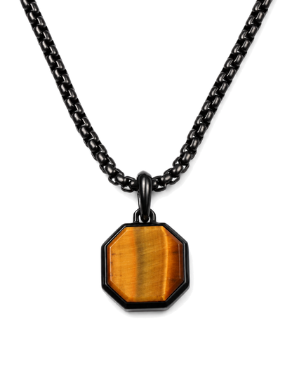 Black chain necklace with octagonal amber tiger-eye pendant and black bail