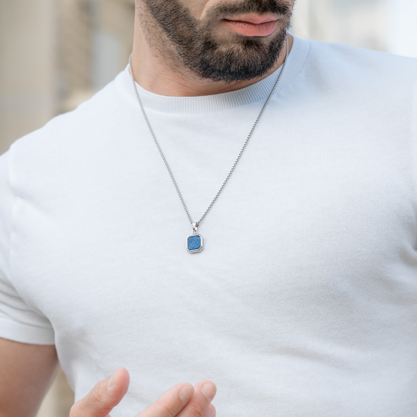 Silver Necklace with Square Lapis Lazuli Pendant