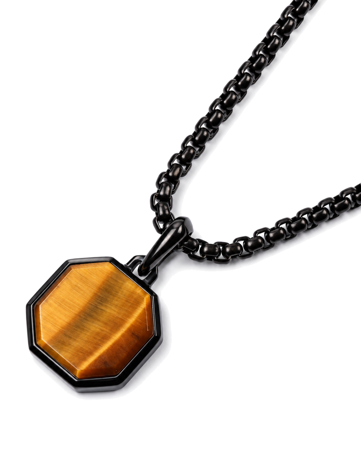 Octagonal amber tiger-eye pendant with black surround on black chain