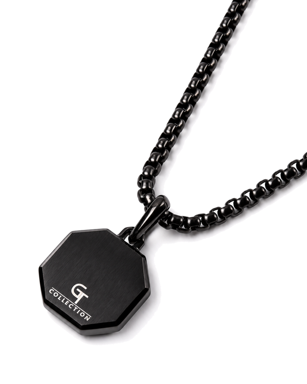 Black chain necklace with octagonal amber tiger-eye pendant and black tag clasp