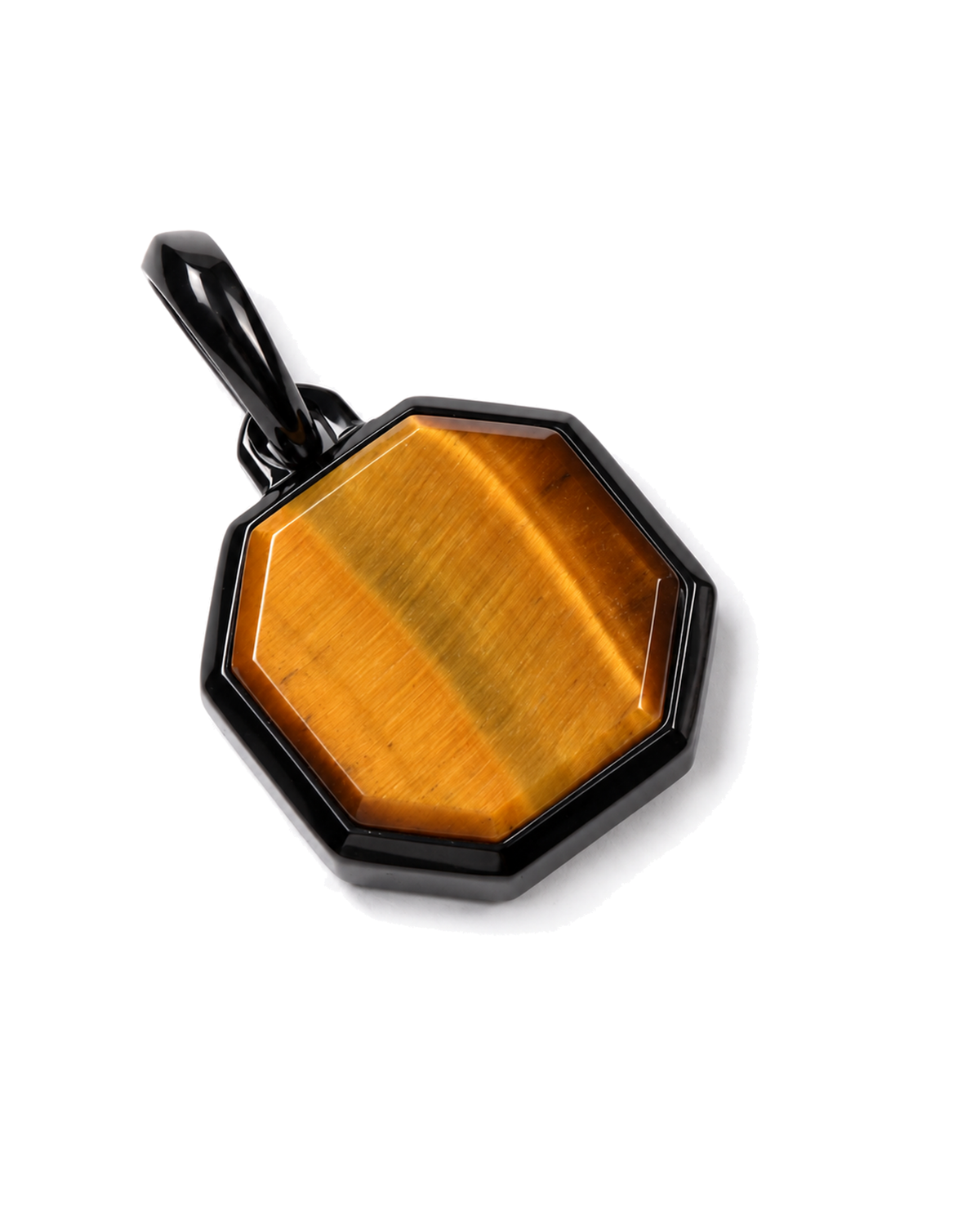 Octagonal amber tiger-eye pendant with black surround and bail on necklace