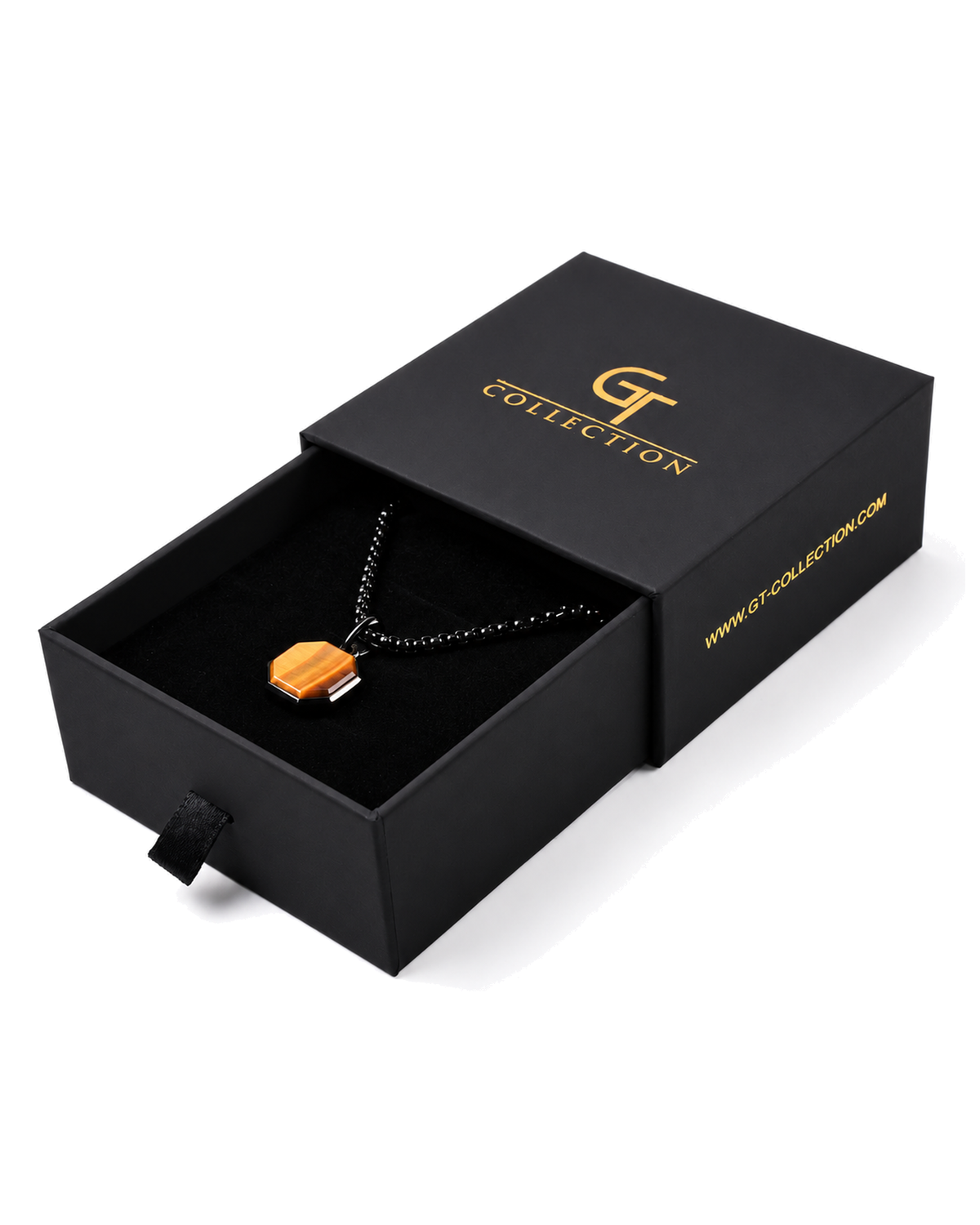 Octagonal amber tiger-eye pendant necklace inside black gift box with logo lid