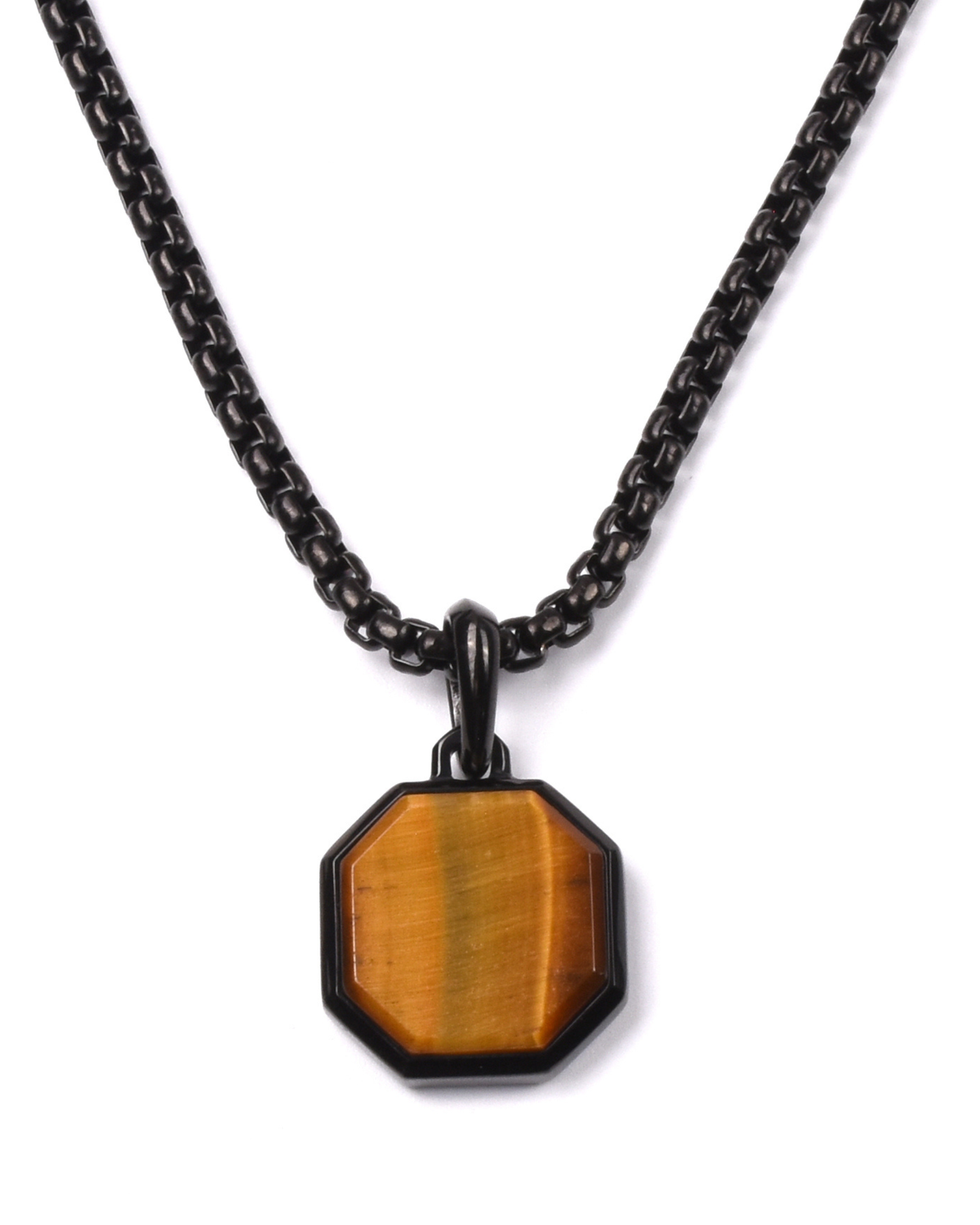 Men's Tiger Eye Necklace With Octagonal Pendant | Black Steel