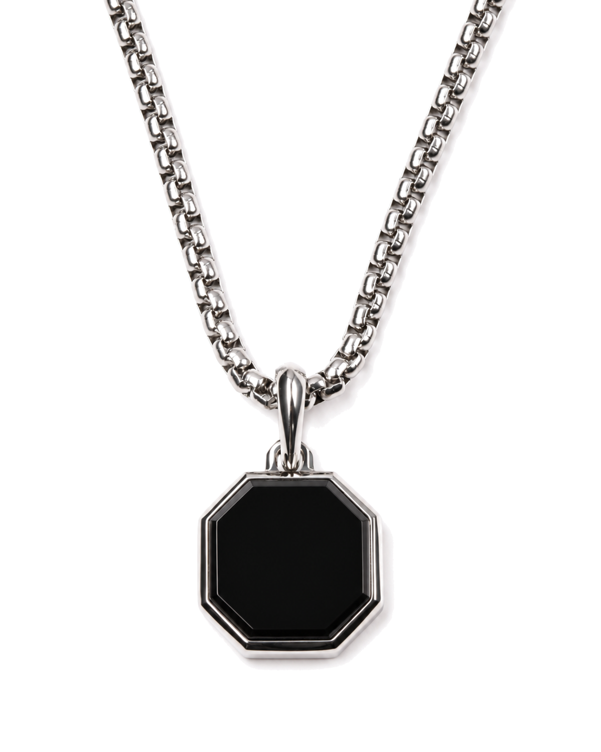 Silver-tone chain necklace with black octagonal pendant and bail connector