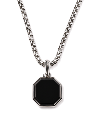 Silver-tone chain necklace with black octagonal pendant and bail connector