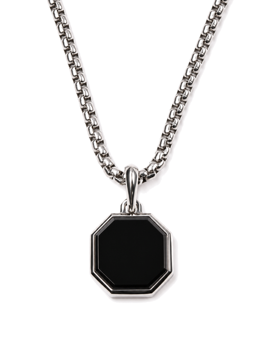 Silver-tone chain necklace with black octagonal pendant and bail connector