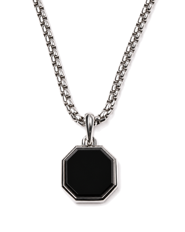 Silver-tone chain necklace with black octagonal pendant and bail connector