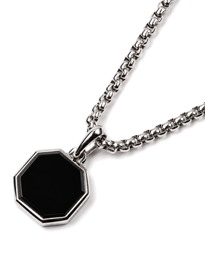 Silver-tone chain with black octagonal pendant drop and metal bail